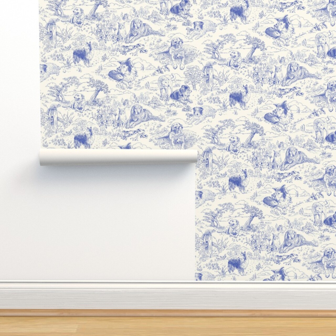 Blue Toile Country Style Hand Drawn Landscape Traditional Collie Toil Ecru Sheep Dog Australian Shepherd Shetland Custom Removable Wallpaper by Spoonflower Peel & Stick Wallpaper 2FT Wide